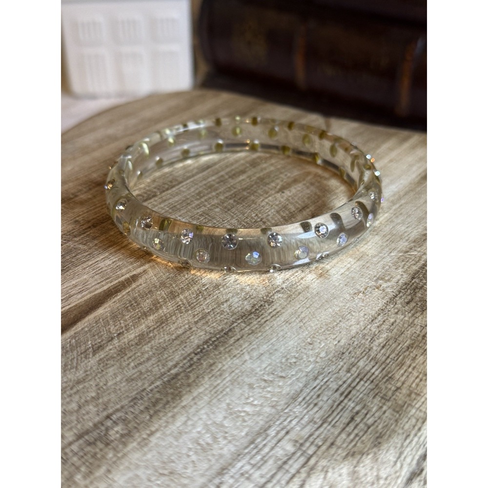 Vintage Clear Lucite Rhinestone Bangle Bracelet | Embedded Crystals |‎ Retro